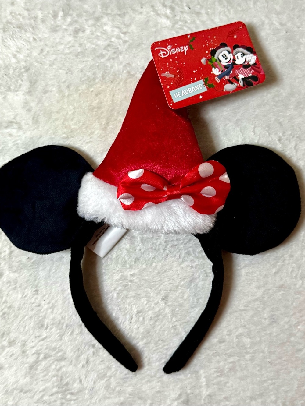 Disney Minnie Mouse Red Santa Hat Ear Headband with White Trim and Black Ears